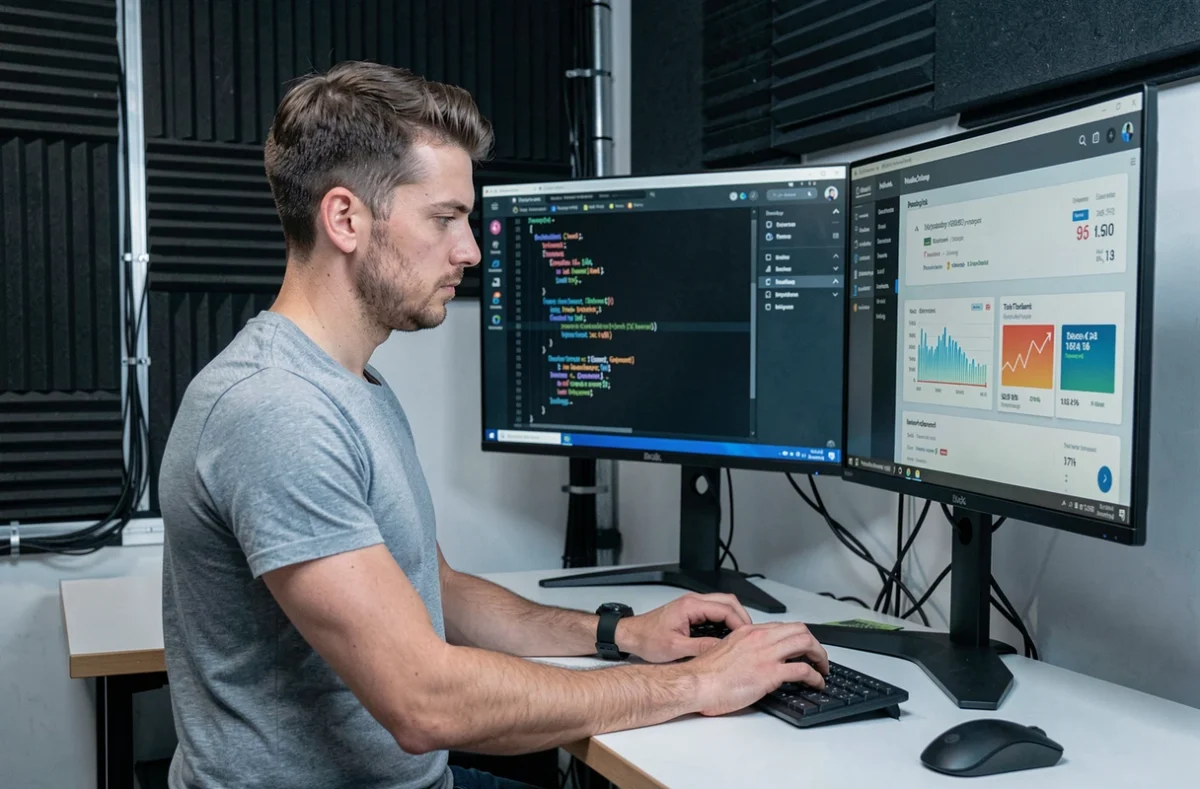 Développeur full-stack de l'agence Numendo tapant rapidement sur un bureau debout avec un triple écran affichant du code backend et frontend dans un bureau tech moderne