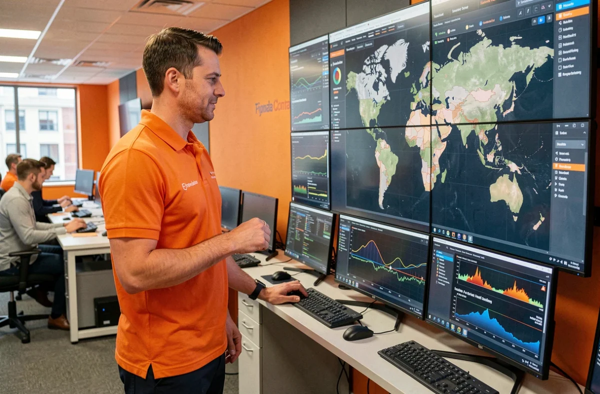 Expert en opérations de cybersécurité d'Orange Cyberdefense surveillant des alertes de menaces mondiales sur un mur d'écrans dans un SOC professionnel