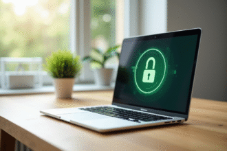 Ordinateur portable sur un bureau lumineux avec cadenas vert