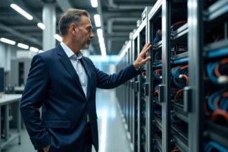 Scientifique en costume devant un ordinateur quantique avancé