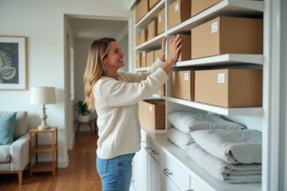 Femme organisée avec boîtes de rangement dans un salon moderne