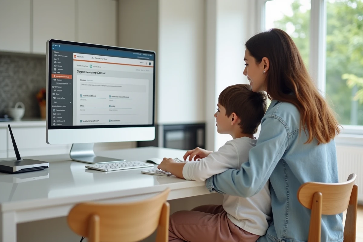 Mère et adolescent consultant ensemble les paramètres de contrôle parental Freebox sur un ordinateur de bureau dans la cuisine