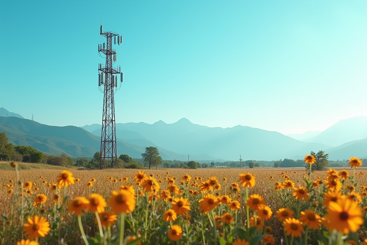 Paysage rural abandonné avec tour de télécommunication désactivée