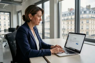 Femme professionnelle frustrée devant une erreur de connexion webmail sur son ordinateur portable dans un bureau moderne à Bordeaux
