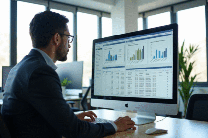 Professionnel travaillant sur un grand écran Access en bureau lumineux