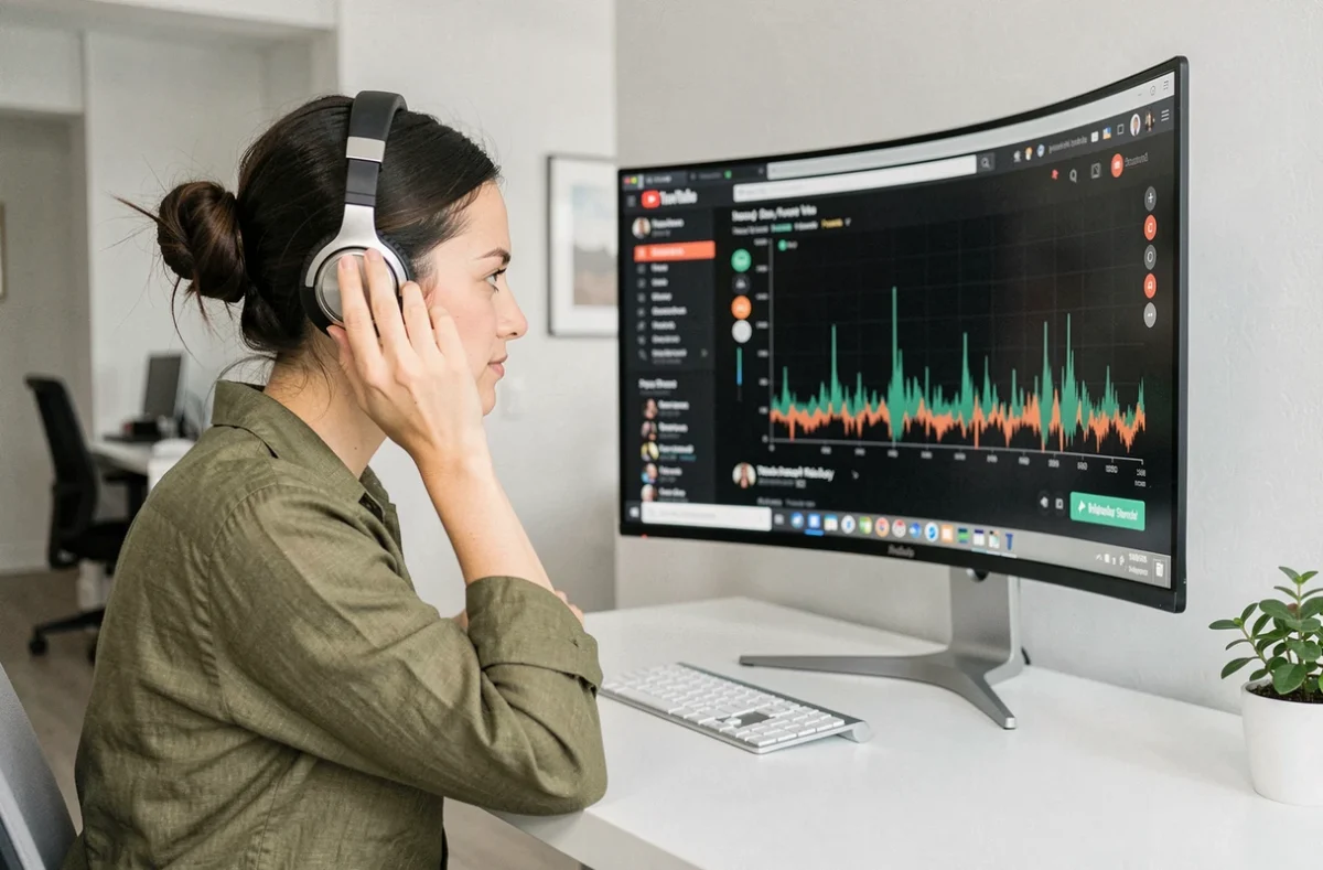 Femme utilisant un casque audio et un analyseur de spectre pour vérifier la qualité sonore lors d'une conversion vidéo YouTube 4K en fichier MP3