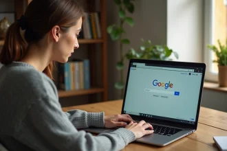 Femme créant un raccourci sur le bureau depuis un navigateur Chrome sur un ordinateur portable Windows