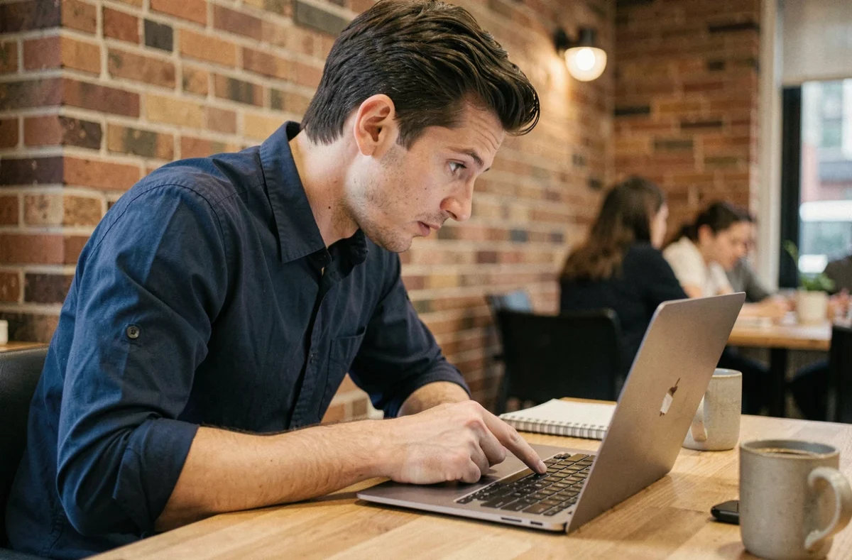 Homme en espace de coworking cherchant le raccourci clavier pour taper un point d'exclamation sur Mac