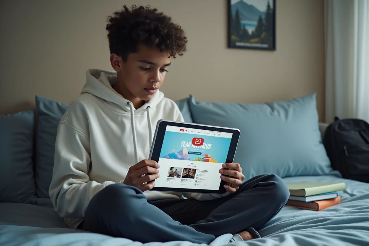 Étudiant créant un raccourci YouTube sur le bureau depuis une tablette et un ordinateur portable dans sa chambre