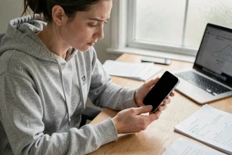 Femme tenant un Samsung Galaxy Z Flip 4 avec écran noir en tentant de récupérer ses données depuis chez elle