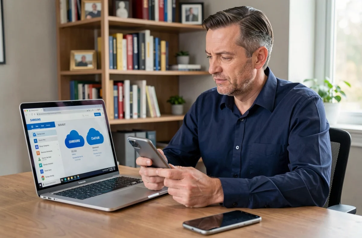 Homme récupérant des images Samsung Cloud sur ordinateur et smartphone après une réinitialisation d'usine