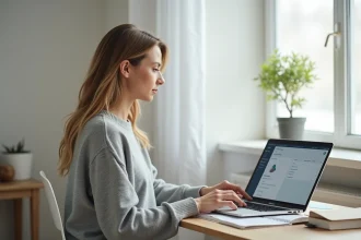 Femme paramétrant son compte sur une application web depuis son bureau à domicile