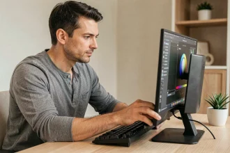 Homme réglant l'angle d'inclinaison d'un écran 24 pouces sur un bureau en bois dans un bureau à domicile moderne
