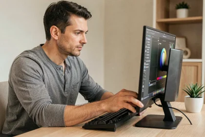 Homme réglant l'angle d'inclinaison d'un écran 24 pouces sur un bureau en bois dans un bureau à domicile moderne