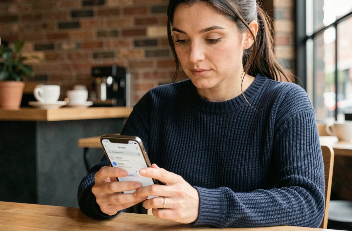 Femme paramétrant son compte webmail Nancy Metz en IMAP sur iPhone dans un café