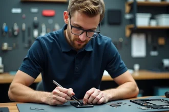 Technicien réparateur de téléphone démontant un iPhone avec des outils de précision dans un atelier de réparation à Montpellier