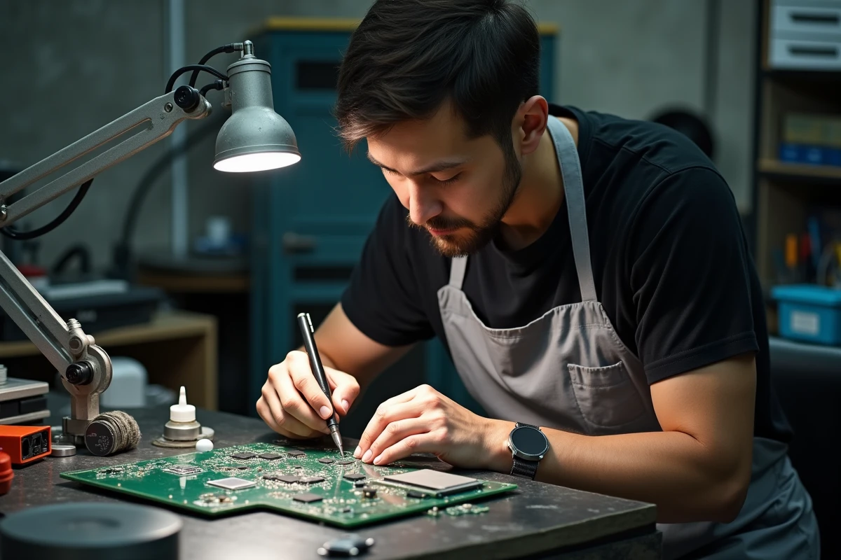Technicien réparant la carte mère d'un Xiaomi avec un fer à souder dans un atelier spécialisé de réparation téléphone à Montpellier