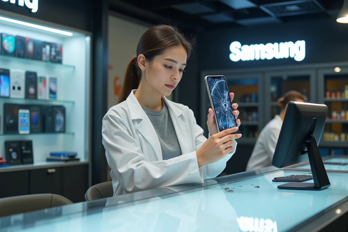 Technicienne spécialisée examinant un Samsung avec écran cassé dans une boutique de réparation de smartphones à Montpellier