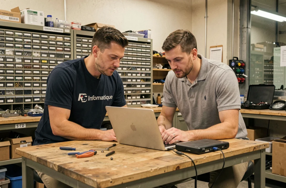 Deux techniciens de RS Informatique et l'Atelier du PC Portable travaillant ensemble sur des ordinateurs