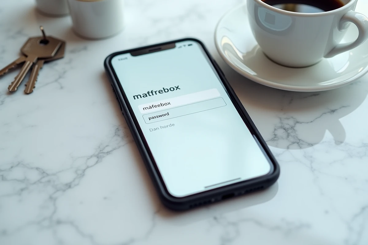 Smartphone affichant l'interface de connexion mafreebox.freebox.fr avec un champ de mot de passe lors d'un dépannage en première connexion