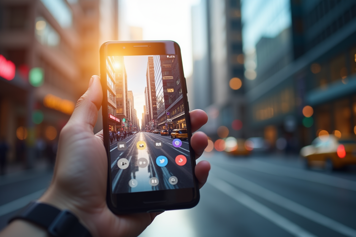 Smartphone avec interfaces sociales futuristes en ville