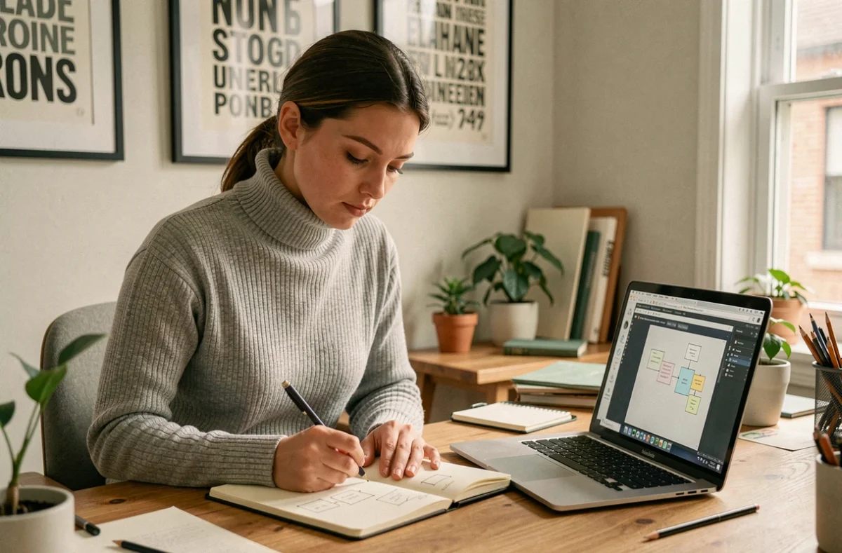 Designer UX du Studio Thil esquissant des wireframes dans un carnet à côté d'un laptop ouvert sur un prototype Figma dans un atelier créatif