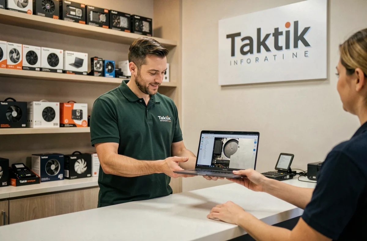 Technicien de Taktik Informatique présentant un ordinateur réparé à un client dans sa boutique