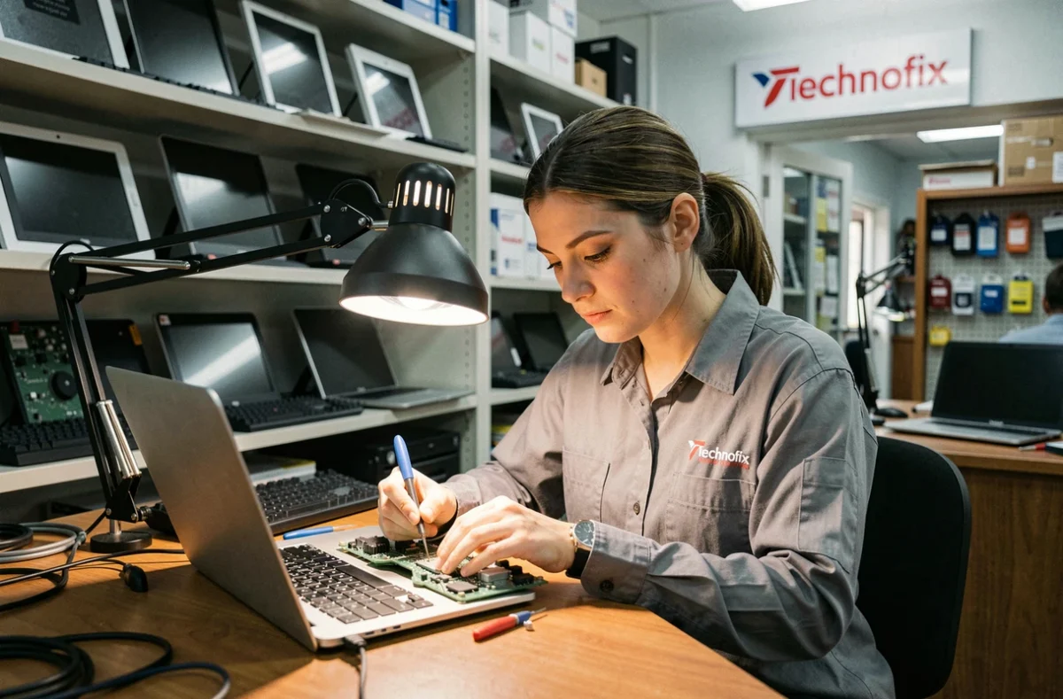 Technicienne de Technofix en train de souder un composant sur un ordinateur portable