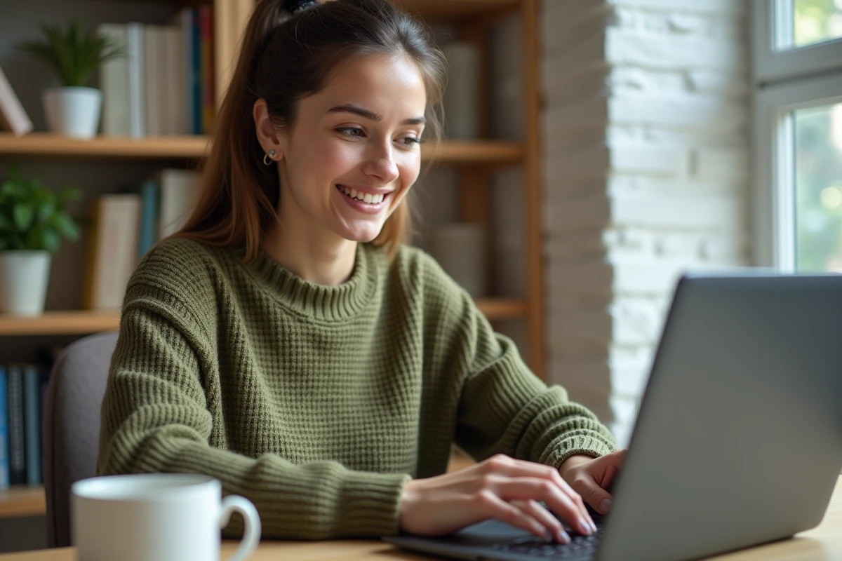 Jeune femme en télétravail donnant son avis sur un intranet via un formulaire en ligne