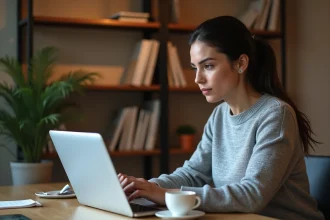Femme en télétravail connectée à sa messagerie professionnelle Melanie2web depuis son bureau à domicile