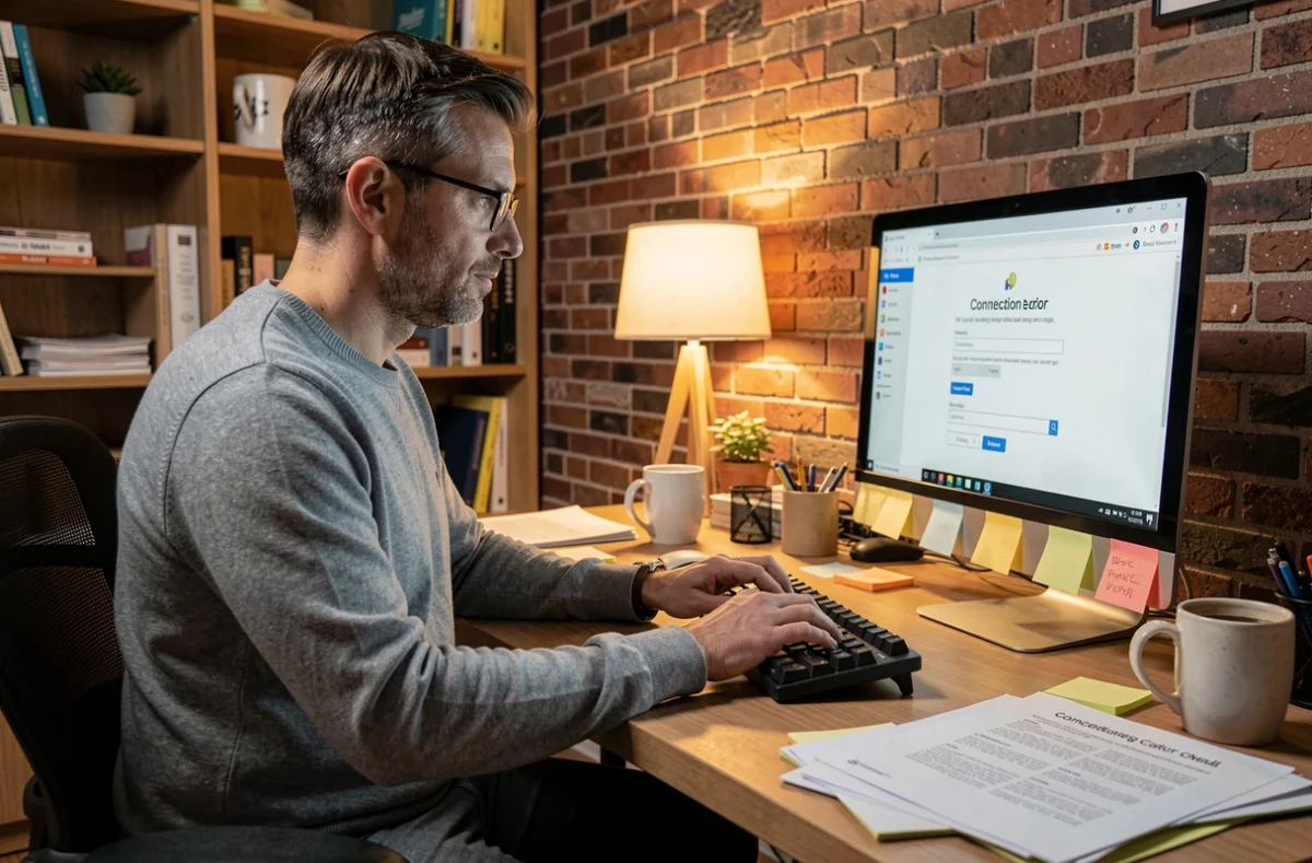 Homme en télétravail confronté à un problème de connexion webmail convergence sur son ordinateur de bureau à domicile