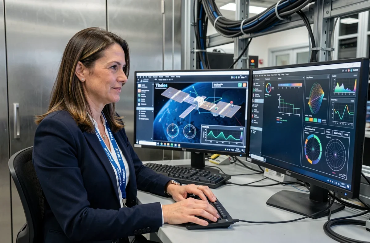 Ingénieure en cybersécurité de Thales Cyber Solutions SAS travaillant sur des systèmes de communication sécurisée dans un laboratoire high-tech