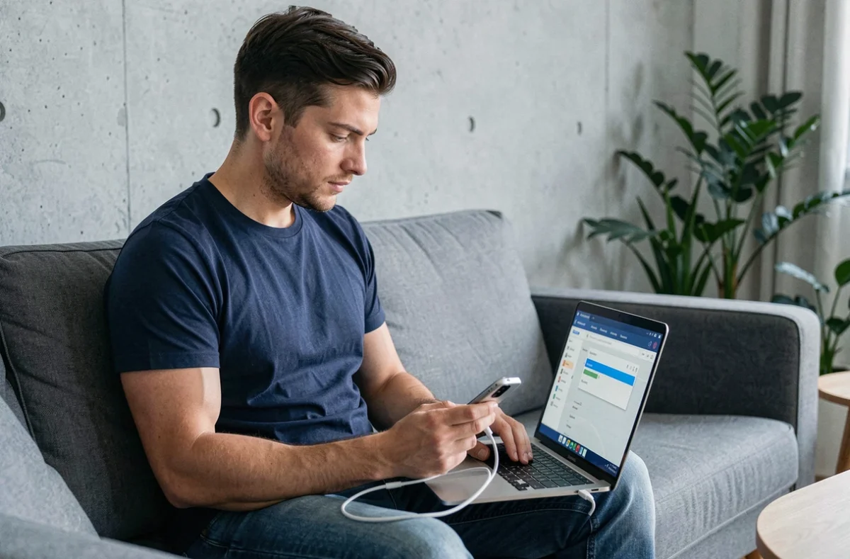 Homme récupérant des données d'un Samsung Z Flip 4 via câble USB connecté à un ordinateur portable