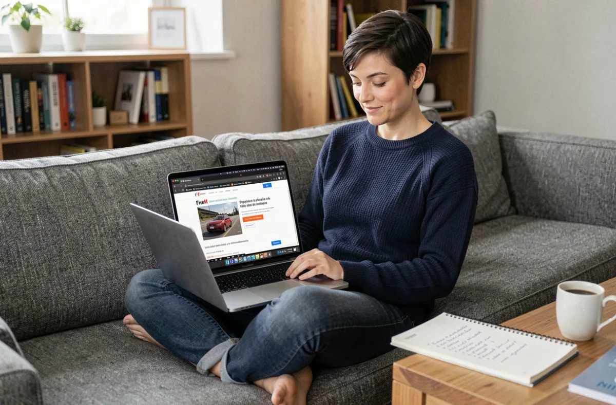 Femme consultant un tutoriel d'installation de FiveM sur son ordinateur portable dans son salon