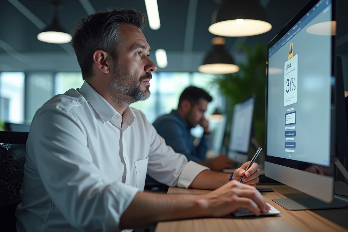 Homme professionnel téléchargeant des fichiers photos sur ordinateur de bureau dans un bureau moderne