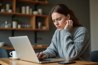 Femme attendant le chargement de photos sur son ordinateur portable avec une connexion lente à la maison