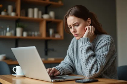 Femme attendant le chargement de photos sur son ordinateur portable avec une connexion lente à la maison