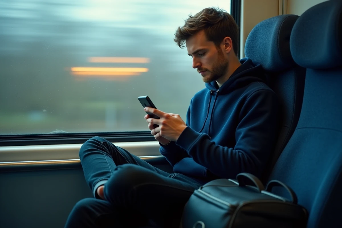 Jeune homme téléchargeant des photos depuis son smartphone dans un train avec une connexion réseau lente