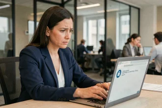 Femme professionnelle examinant une URL masquée suspecte sur son ordinateur portable en open space