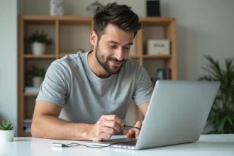 Technicien branchant un câble USB-C sur un laptop moderne dans un bureau épuré