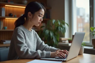 Jeune femme utilisant un éditeur de texte sur ordinateur portable avec du texte en gras et en italique visible à l'écran dans un bureau à domicile moderne