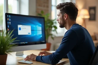 Homme utilisant Silverlight sur Windows 10 devant un écran d'ordinateur de bureau dans un home office