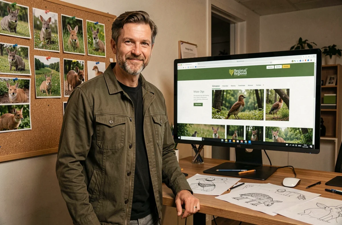 Directeur créatif de Wapiti Agency debout devant un écran affichant un site nature régional, entouré de photos de faune et d'esquisses dans un bureau ancré dans l'identité locale