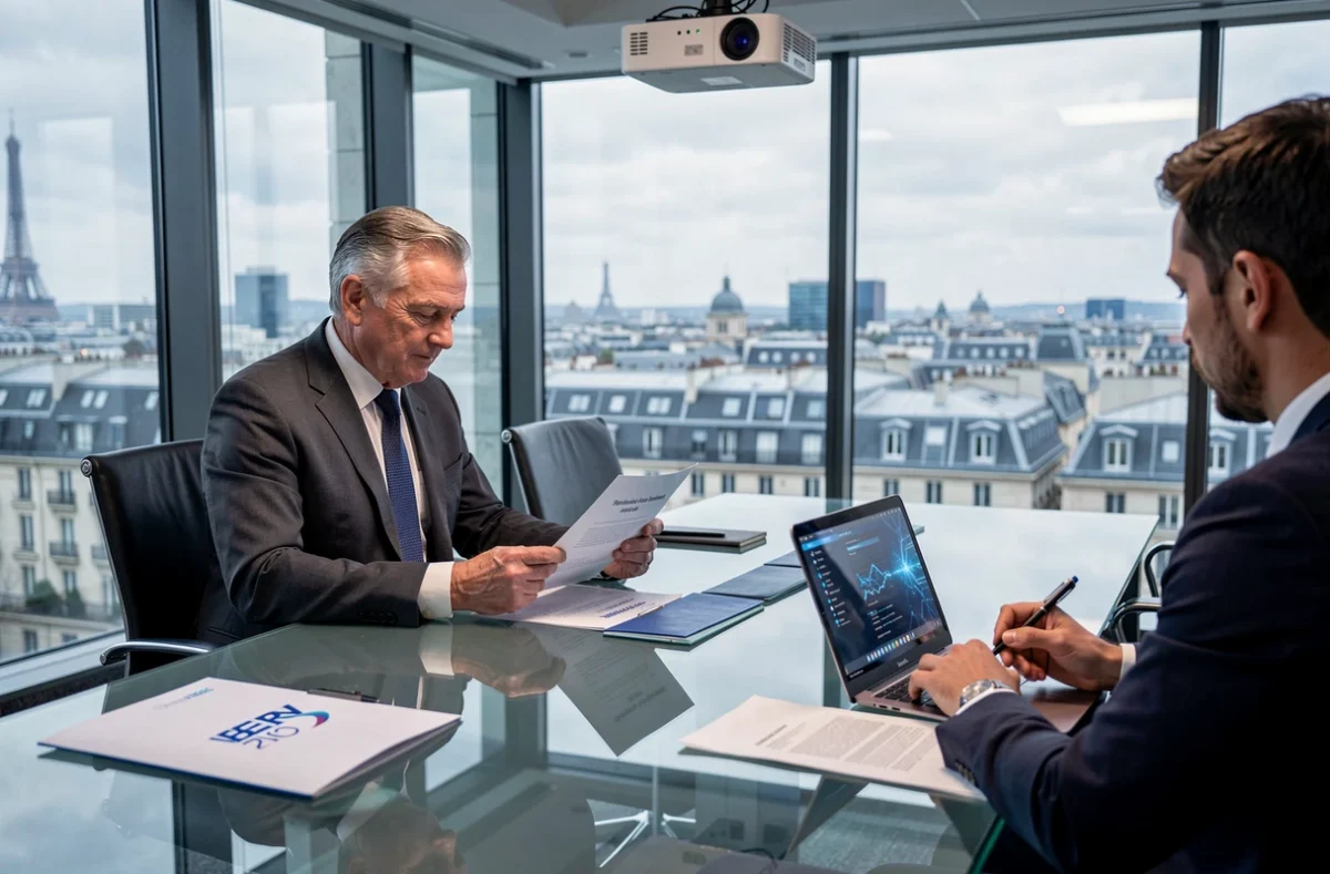 Consultant senior en stratégie cybersécurité de Wavestone examinant un rapport de résilience numérique dans une salle de conférence avec vue sur La Défense