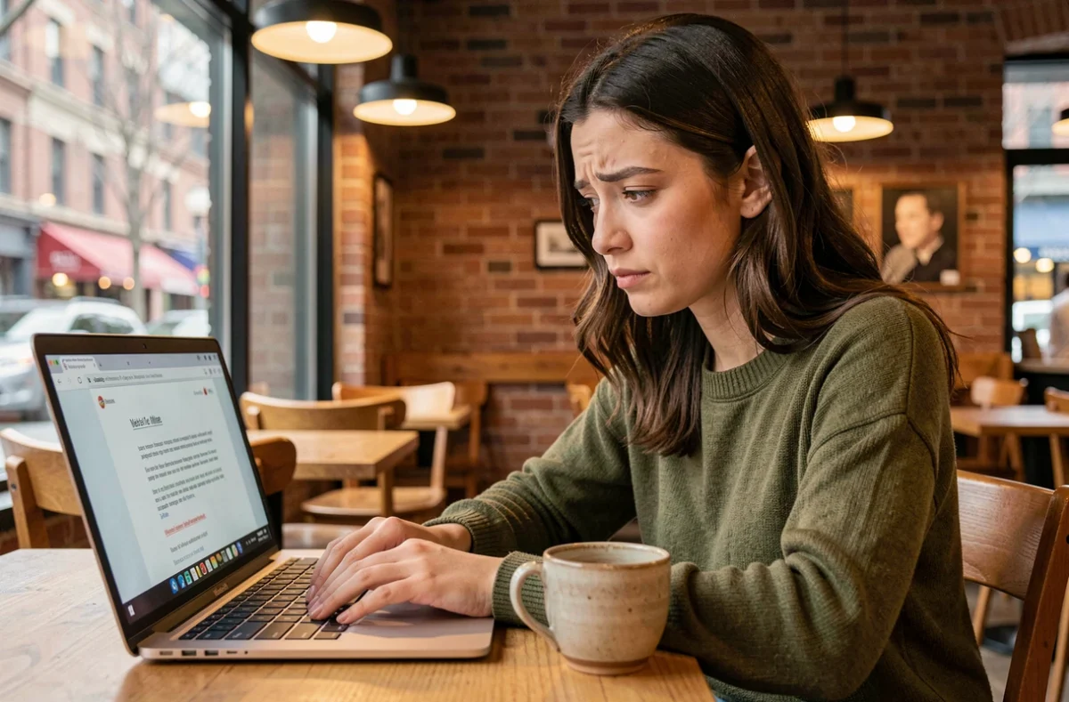 Jeune femme consultant son webmail dans un café urbain avec un message d'erreur à l'écran