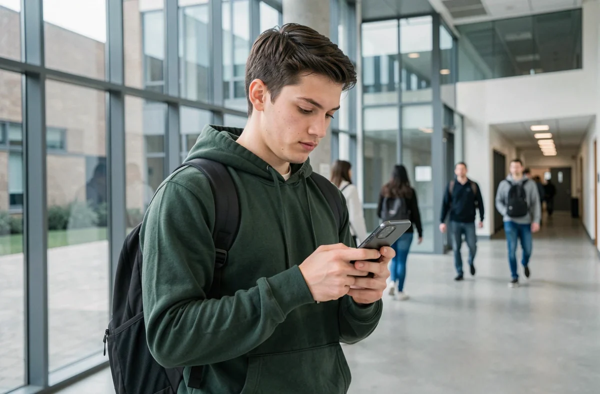 Étudiant configurant les paramètres IMAP du webmail Nancy Metz sur smartphone dans un couloir universitaire